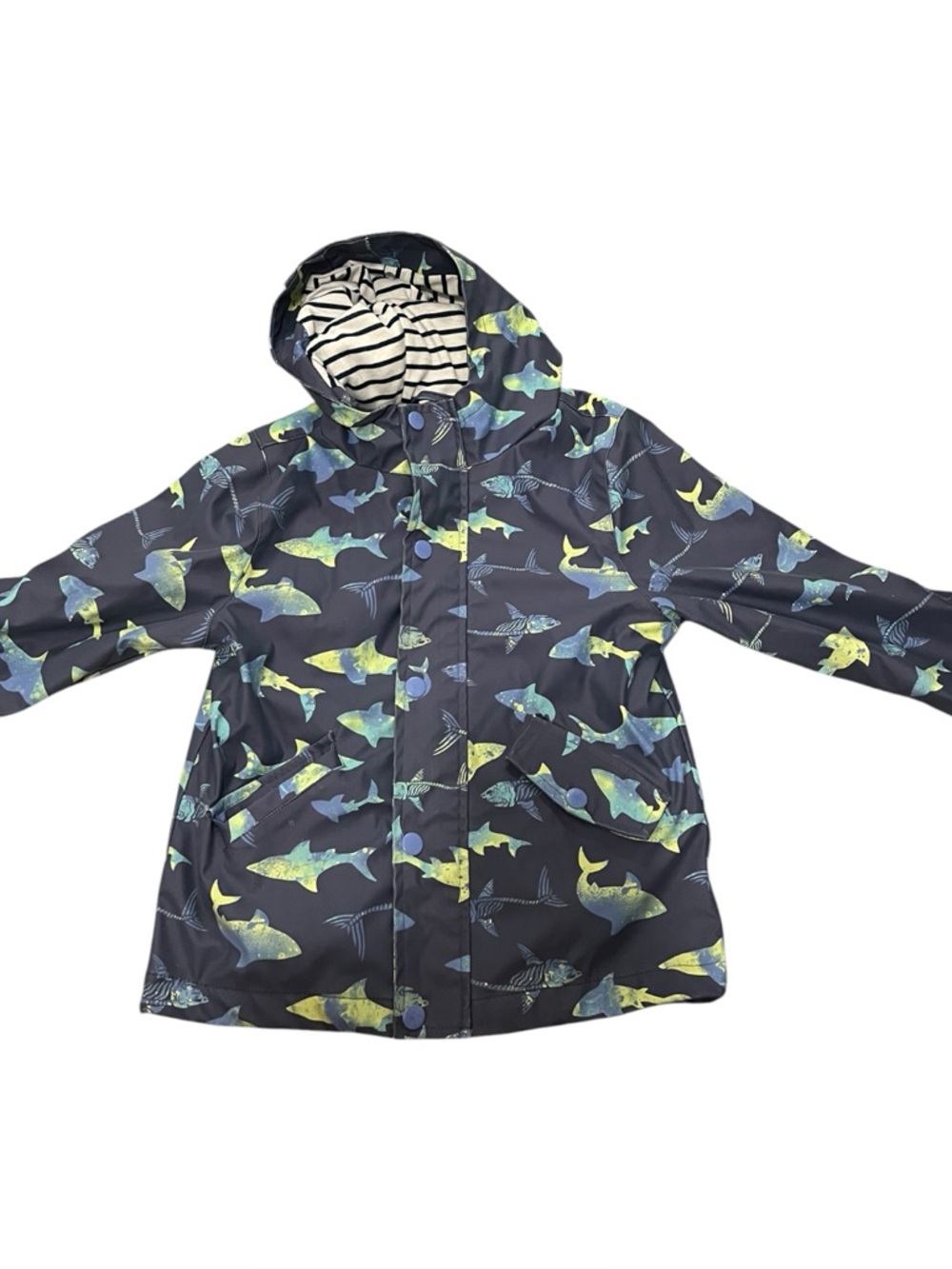 Boy’s Navy Shark Print Raincoat - Blue & Green Sharks - Picture 2 of 6